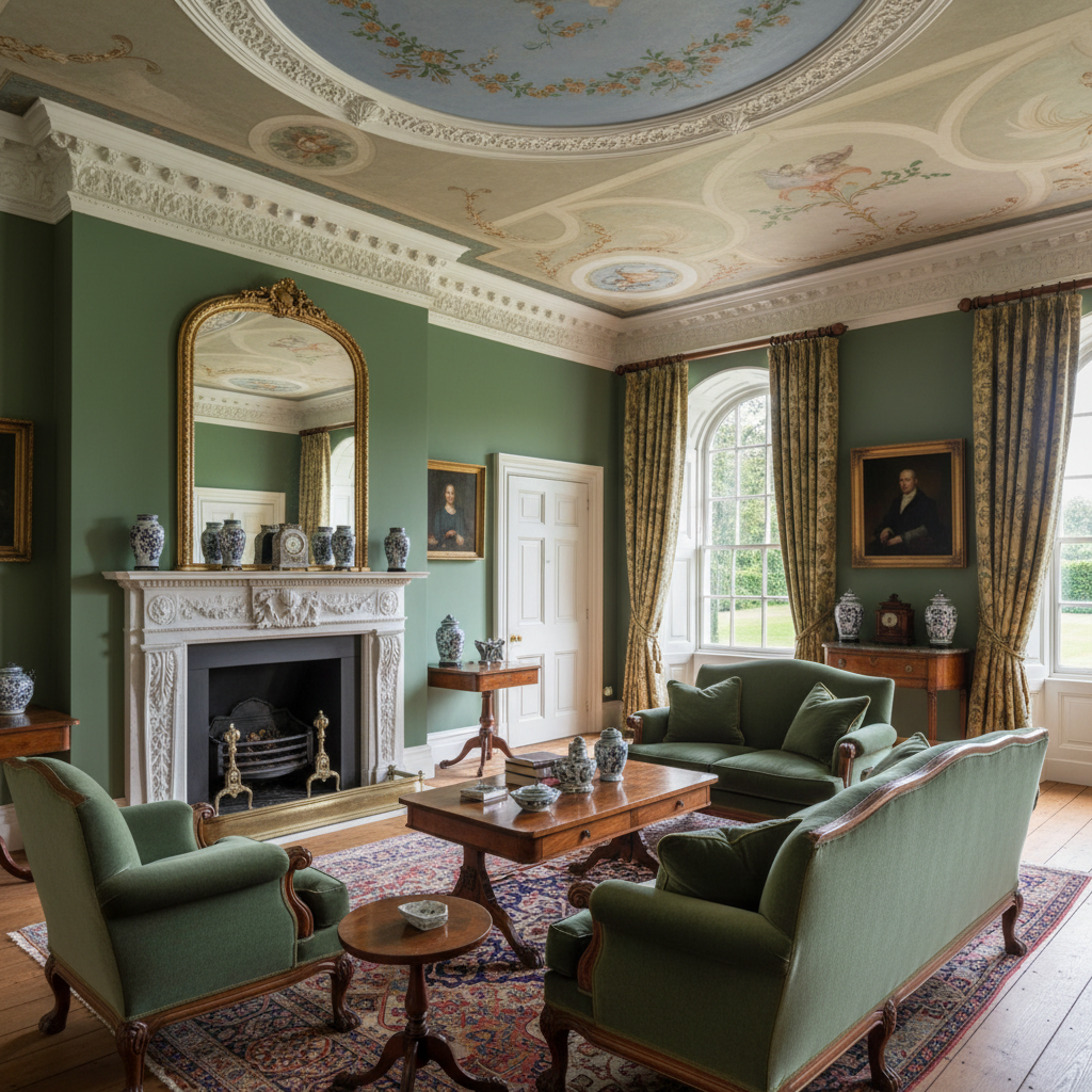 A professional painter carefully comparing historical colour swatches in a luxury London interior