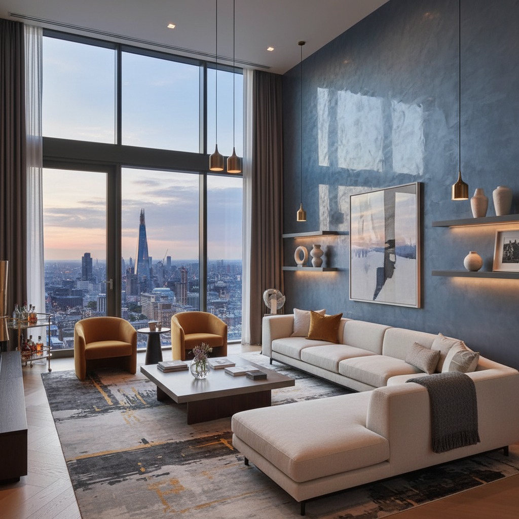 A luxurious living room featuring a seamless blend of Venetian plaster and high-end accents - The Painters London